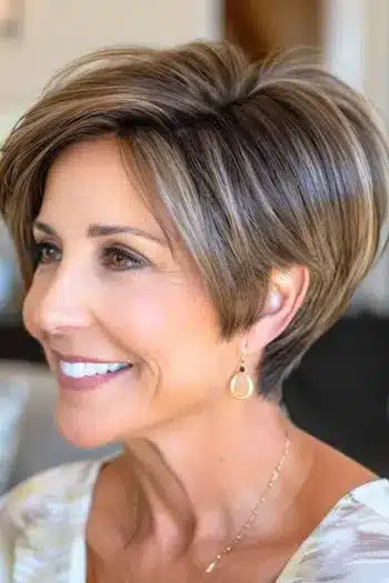 Classic rounded wedge haircut in brown, front view of a smiling woman