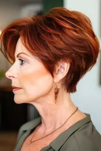 Copper red wedge pixie haircut, side view of a smiling woman with warm tones