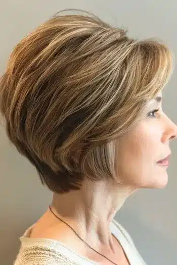 Voluminous stacked wedge haircut with layered body, side view of a woman