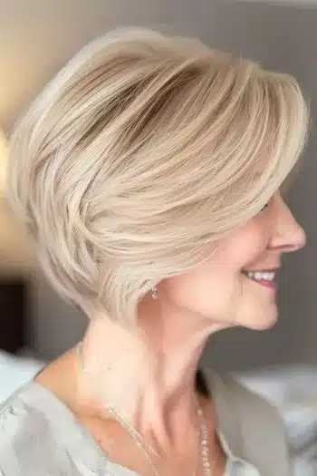 Stacked wedge bob in blonde, side profile of a smiling woman with full layers