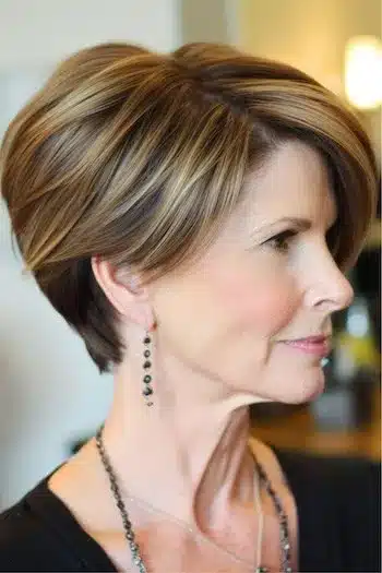 Lifted textured wedge haircut with body at the crown, side view of a smiling woman