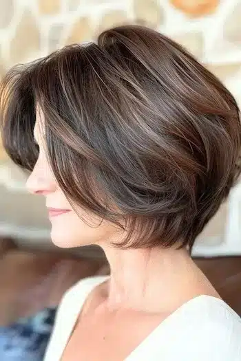 Classic wedge bob haircut in brown, side profile of a woman with clean lines