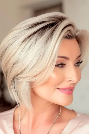 Platinum blonde wedge bob, side view of a smiling woman with cool icy tones