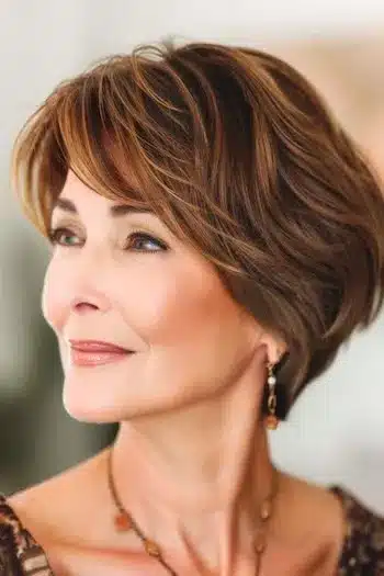 Textured wedge with bangs haircut, side view of a smiling woman with brown hair