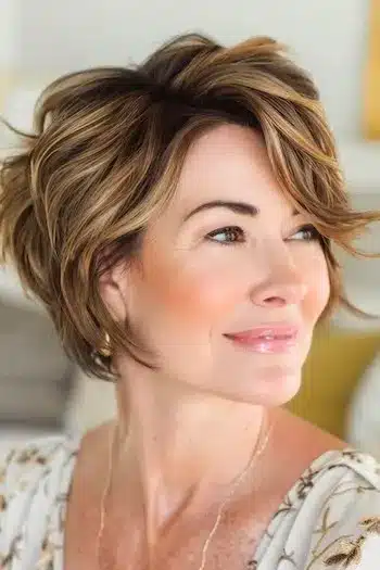 Wavy wedge haircut with natural brown waves, side view of a smiling woman