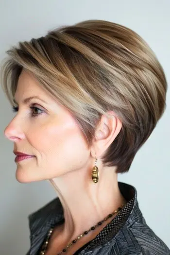 Straight layered wedge with warm highlights, side profile of a woman with brown hair