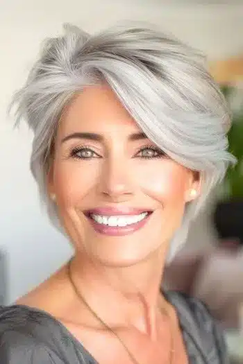 Short tapered layers gray hairstyle on a smiling older woman with natural silver hair