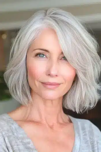 Layered silver bob on a mature woman with silver gray hair