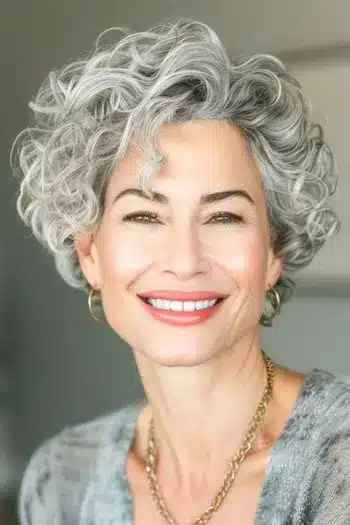 Cropped layered curls on a smiling older woman with gray hair