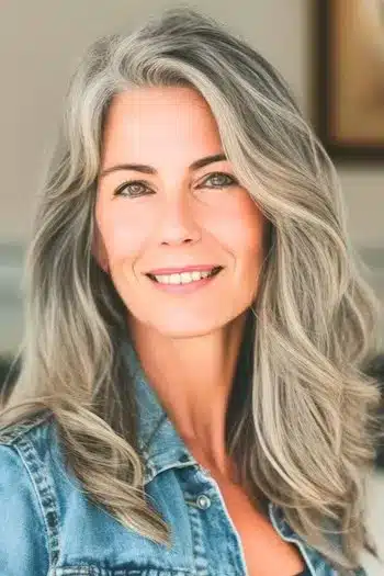 Long loose layers hairstyle on a smiling woman with natural gray hair
