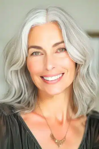Wavy lob hairstyle on a smiling woman with natural gray hair