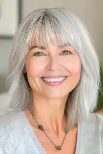 Shoulder-length layered haircut with bangs on a smiling older woman with silver hair