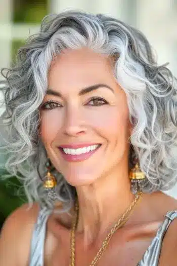 Salt and pepper curls on a smiling older woman with gray hair