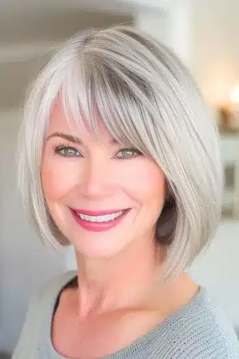 Bob with soft layers and bangs on a smiling older woman with gray silver hair