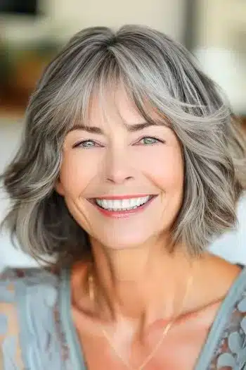 Layered bob hairstyle on a smiling older woman with natural gray hair