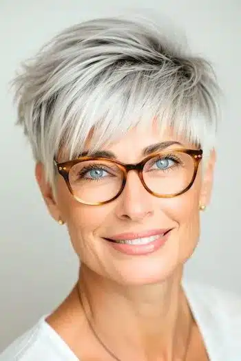 Textured pixie with bangs on a smiling older woman with gray hair