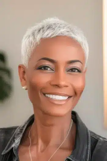 Ultra short pixie on a smiling older woman with gray hair