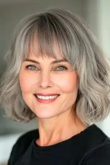 Wavy bob with bangs on a smiling older woman with natural gray hair