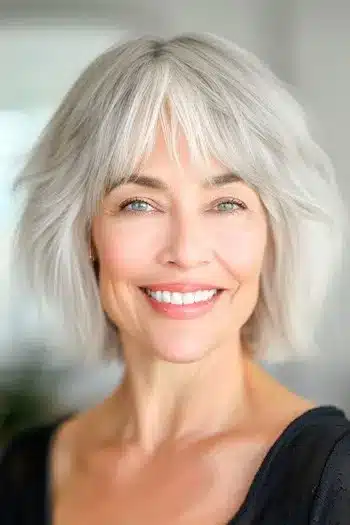 Wispy layered bob with fringe on a smiling older woman with gray hair