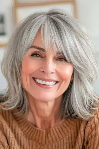 Gray lob with flipped ends on a smiling older woman with gray hair