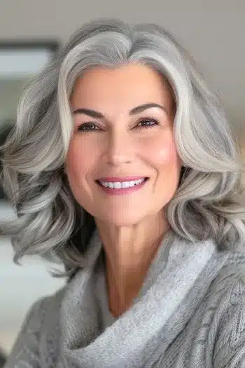 Soft gray waves on a smiling older woman with natural gray hair