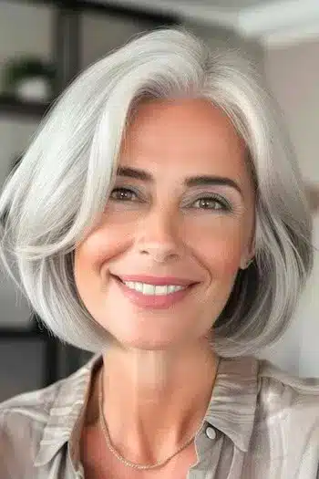 Chin-length bob on a smiling older woman with natural gray hair