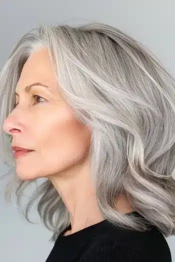 Wispy long silver bob on an older woman with gray hair, side view