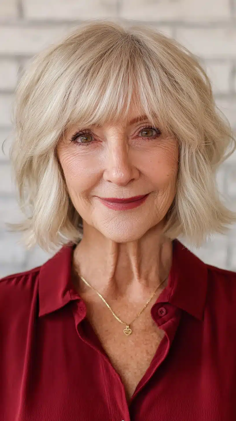 Soft silver layered bob with tousled texture, part of 50 pretty shag haircuts for thin hair women over 70 swear make them look younger