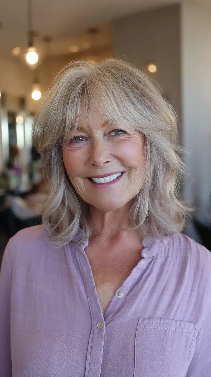 Elegant silver layered shag for women over 70, included in 50 pretty shag haircuts for thin hair women over 70 swear make them look younger