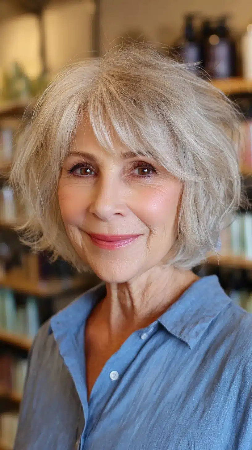 Feathery silver bob with light textured waves, one of 50 pretty shag haircuts for thin hair women over 70 swear make them look younger