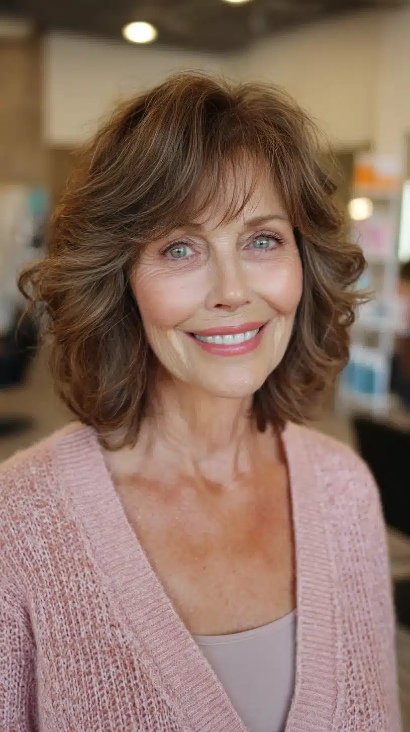 Elegant layered chestnut waves with soft bangs, featured in 50 pretty shag haircuts for thin hair women over 70 swear make them look younger
