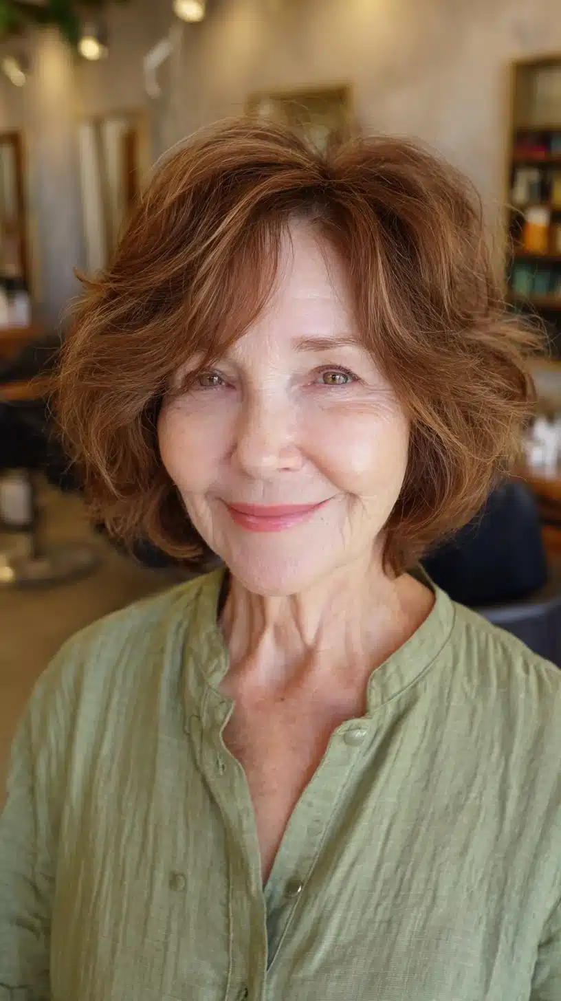 Warm auburn textured bob for elegant seniors, one of 50 pretty shag haircuts for thin hair women over 70 swear make them look younger