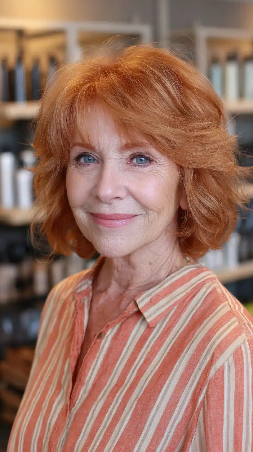 Bright copper layered bob for vibrant seniors, featured in 50 pretty shag haircuts for thin hair women over 70 swear make them look younger