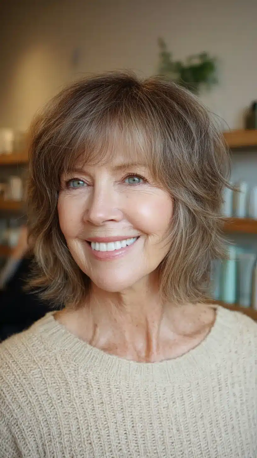 Whispy walnut layered shag for senior women, part of 50 pretty shag haircuts for thin hair women over 70 swear make them look younger