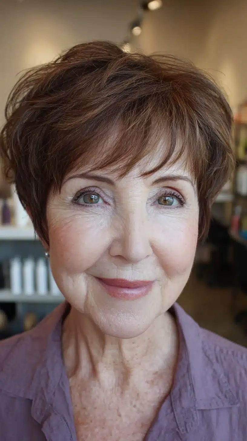 Rich chestnut layered pixie with subtle highlights, featured in 50 pretty shag haircuts for thin hair women over 70 swear make them look younger