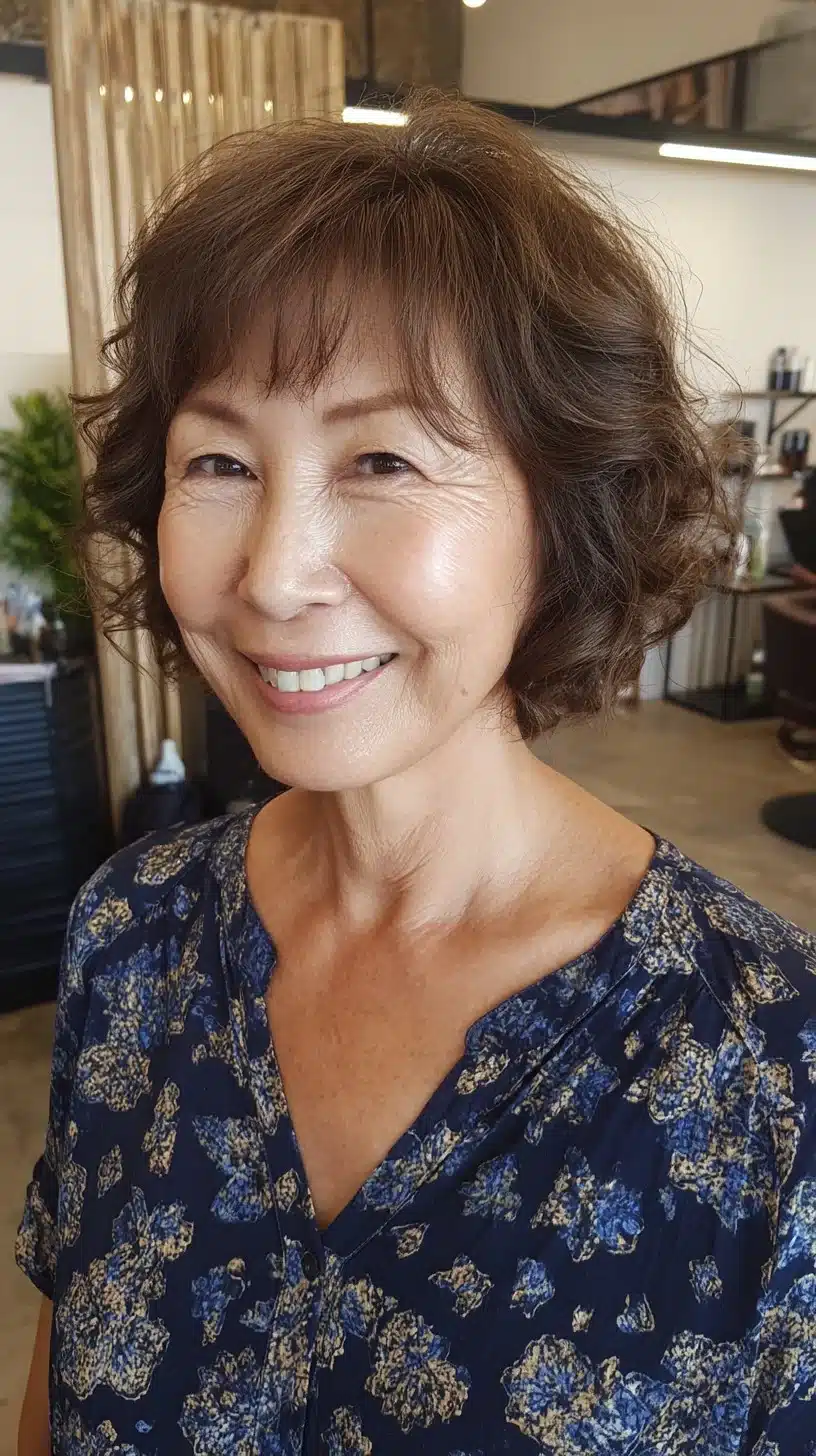 Natural chestnut waves with soft fringe for seniors, included in 50 pretty shag haircuts for thin hair women over 70 swear make them look younger