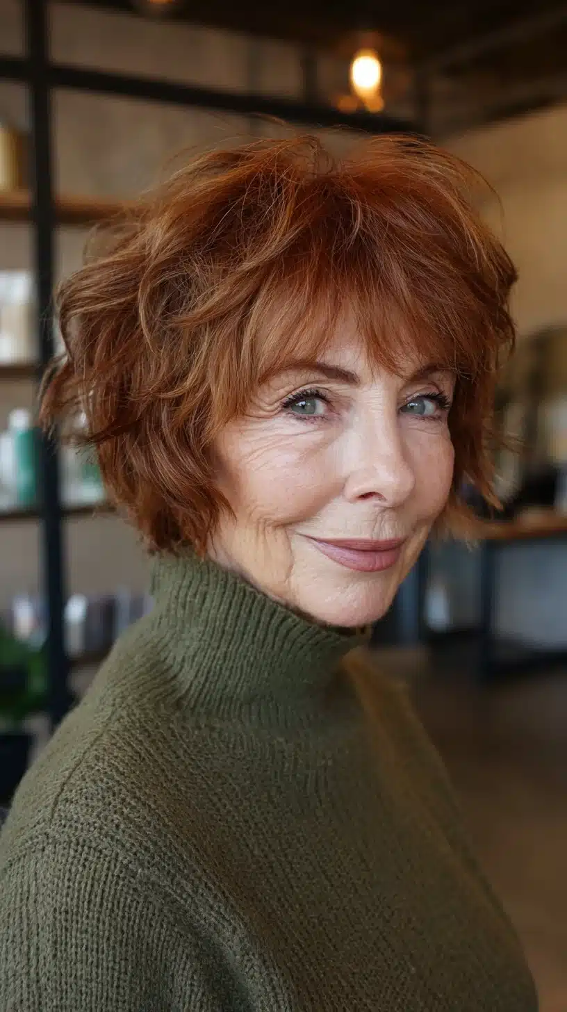 Vibrant copper layered bob for women over 70, one of 50 pretty shag haircuts for thin hair women over 70 swear make them look younger