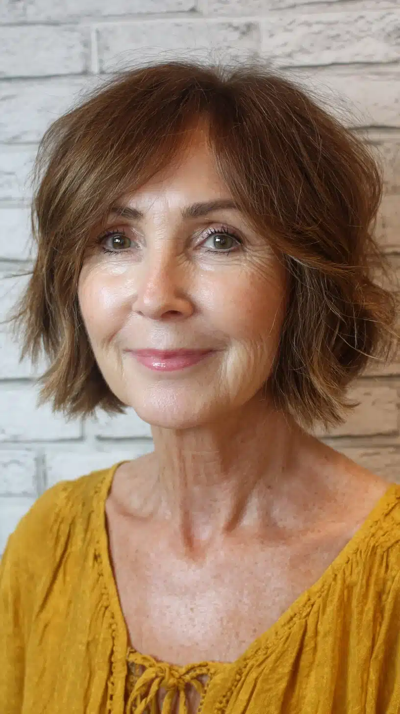 Bronze-toned textured bob for women over 70, featured in 50 pretty shag haircuts for thin hair women over 70 swear make them look younger