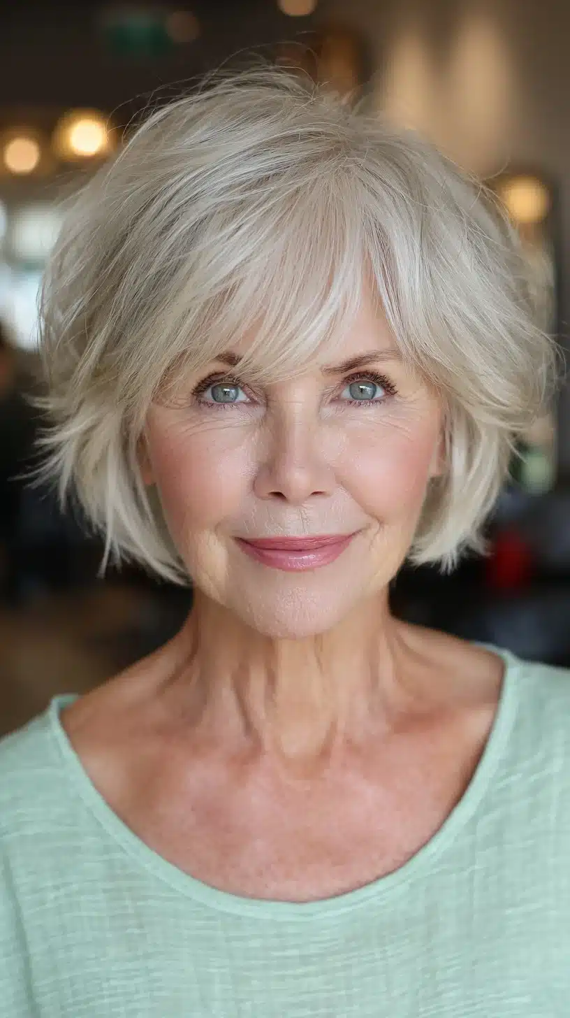 Chic silver layered crop for women over 70, one of 50 pretty shag haircuts for thin hair women over 70 swear make them look younger