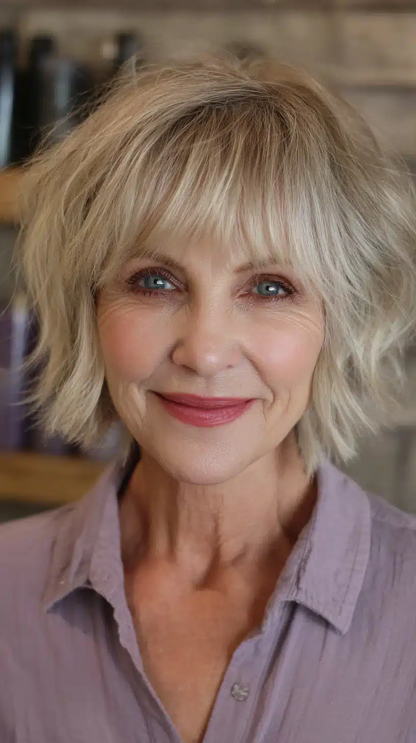Sun-kissed blonde tousled shag for fine hair, featured in 50 pretty shag haircuts for thin hair women over 70 swear make them look younger