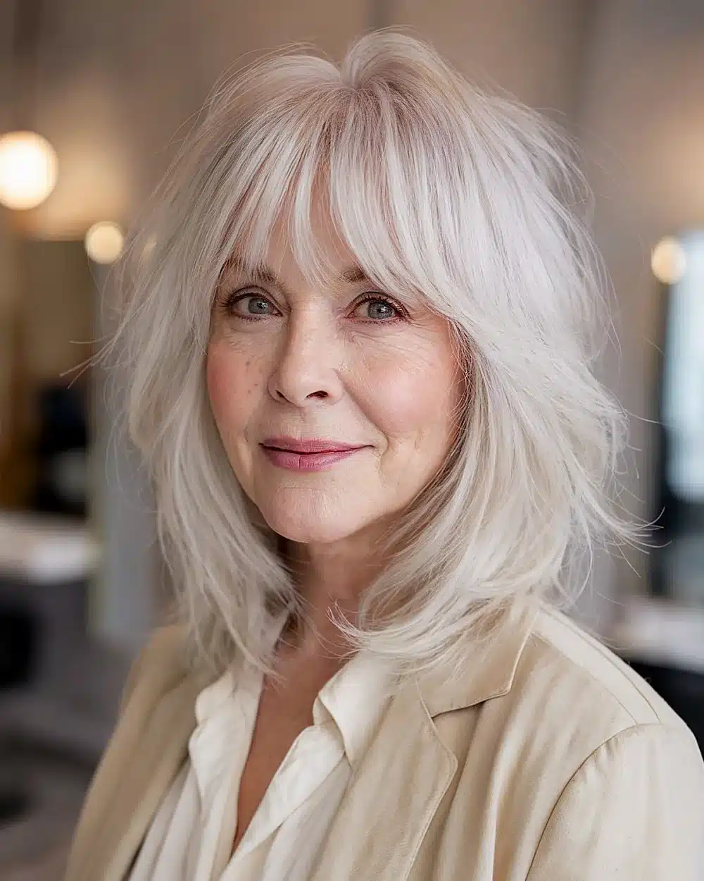 Feathered shag with bangs for round face, featured in 50 pretty shag haircuts for thin hair women over 70 swear make them look younger