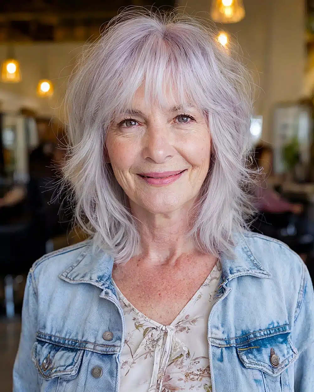 Soft layered shag with wispy bangs and pastel lilac tones, one of 50 pretty shag haircuts for thin hair women over 70 swear make them look younger