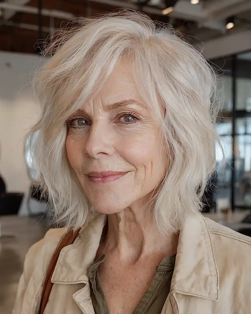 Choppy layered shag with deep side part and natural wave, part of 50 pretty shag haircuts for thin hair women over 70 swear make them look younger