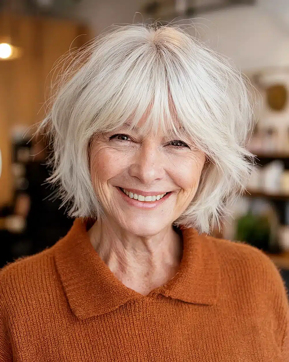Rounded short shag with soft fringe and natural texture, featured in 50 pretty shag haircuts for thin hair women over 70 swear make them look younger