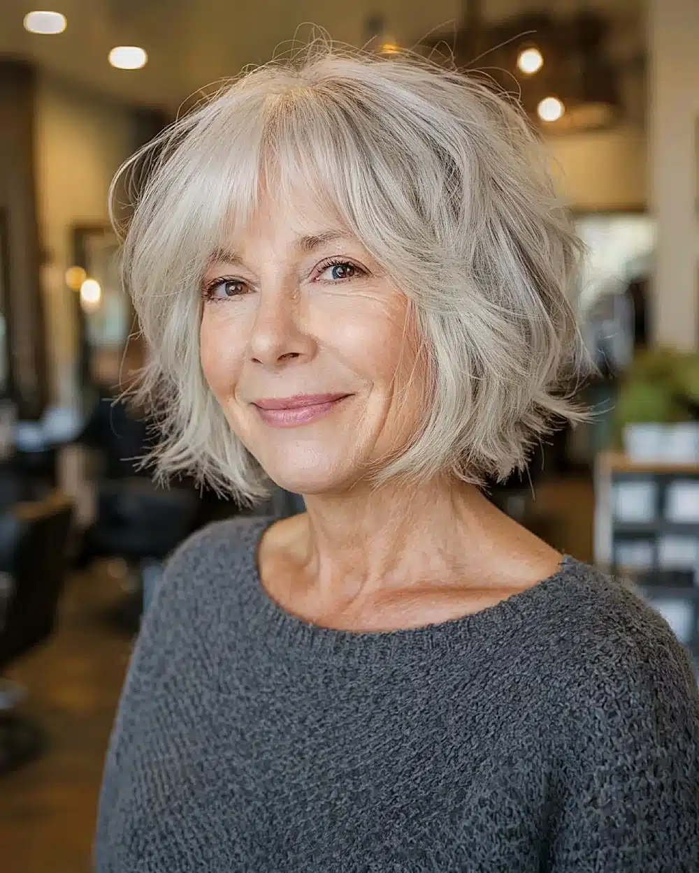 Chin-length shag with soft layers and full fringe for thin hair, one of 50 pretty shag haircuts for thin hair women over 70 swear make them look younger