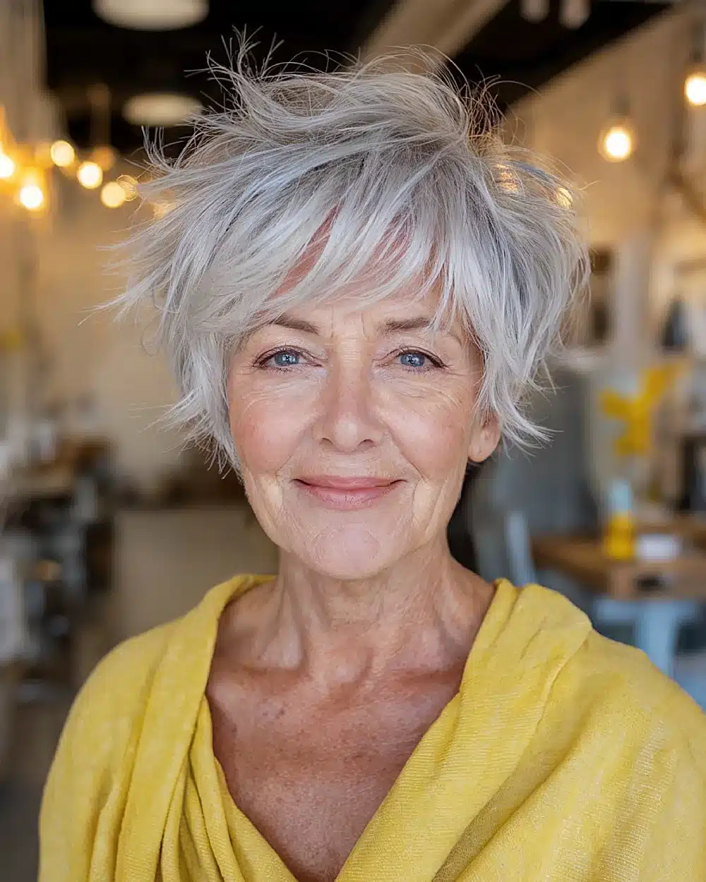 Short tousled shag with lifted crown and wispy fringe, featured in 50 pretty shag haircuts for thin hair women over 70 swear make them look younger
