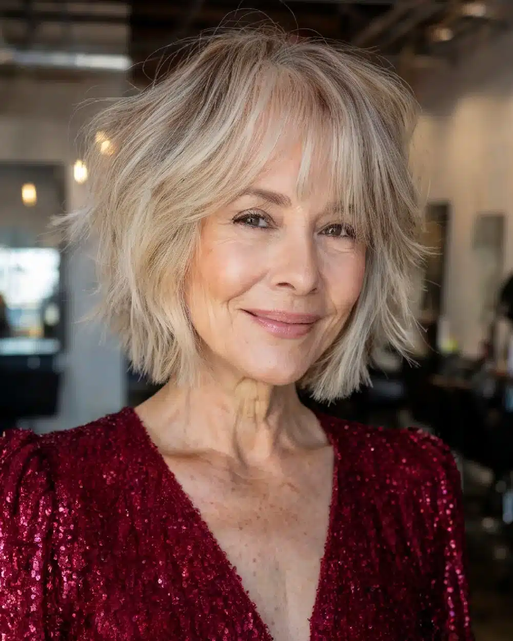 Shaggy bob with textured fringe and choppy layers, part of 50 pretty shag haircuts for thin hair women over 70 swear make them look younger