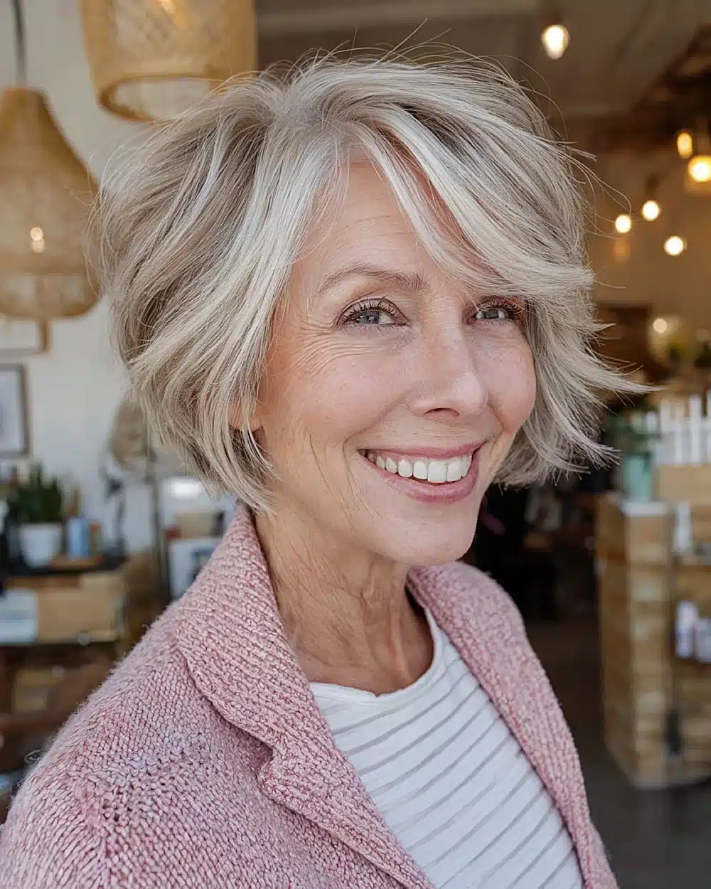 Stacked bob shag with side bangs and graduated layers, one of 50 pretty shag haircuts for thin hair women over 70 swear make them look younger