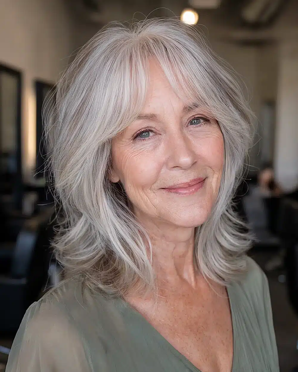 Layered shag with curtain bangs to flatter a large forehead, part of 50 pretty shag haircuts for thin hair women over 70 swear make them look younger