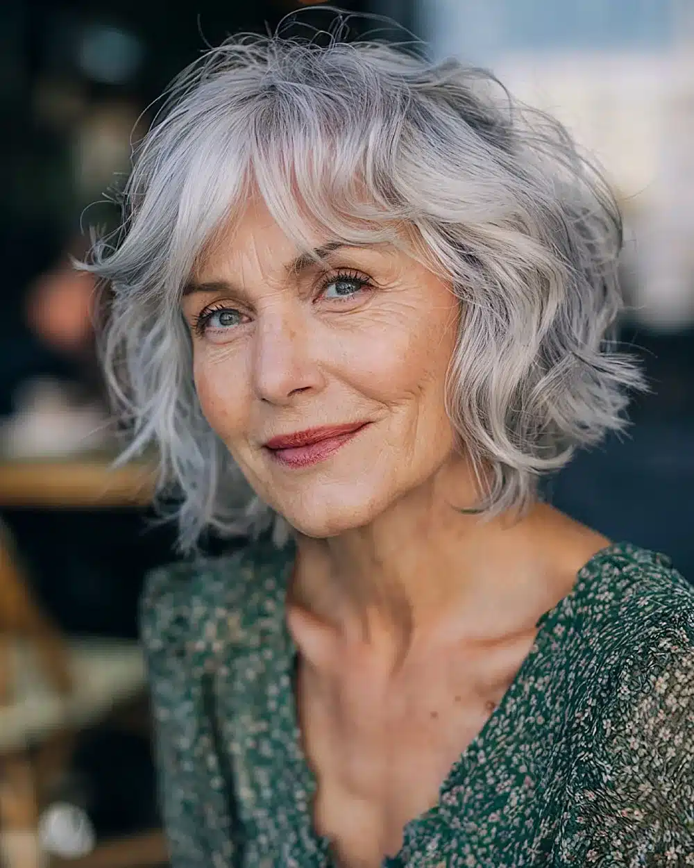Messy chin-length shag with waves and layered fringe, included in 50 pretty shag haircuts for thin hair women over 70 swear make them look younger
